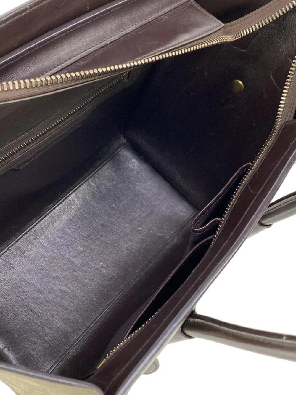 CELINE Luggage Micro Shopper - Dark Brown White Gray Beige Leather Handbag - Picture 14 of 15